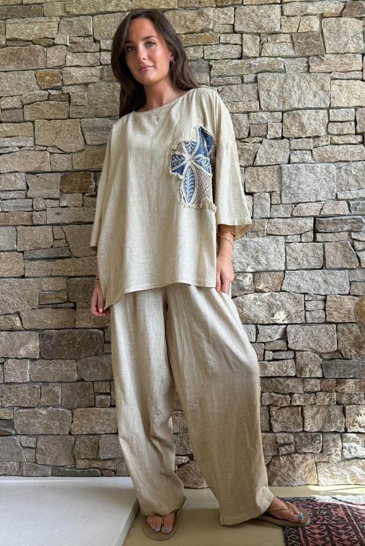Lindin Linen Blend Crochet Flower Top Washed Sandstone